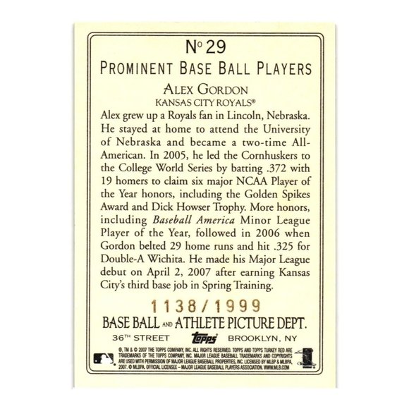 2007 Topps Turkey Red Chrome /1999 Alex Gordon #29 - Picture 2 of 2